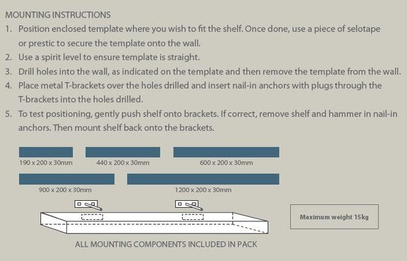 Mounting instructions card for floating shelves